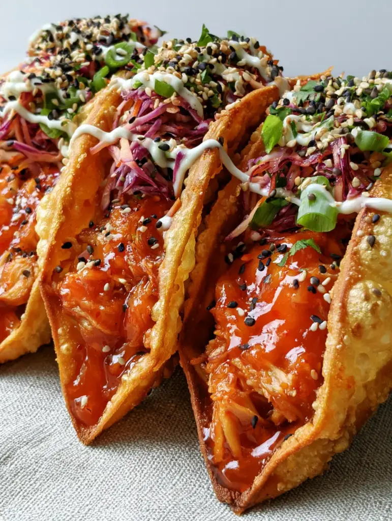 Handheld photo of Chicken wonton tacos on a light grey linen background, highlighting the lime crema zig-zag and fresh cilantro.