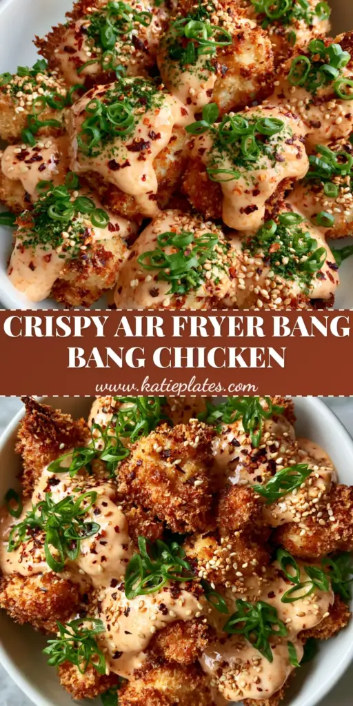 Bang Bang Chicken: The Ultimate Crispy Air-Fried Bites with Creamy Chili Drizzle 4 A top-down close-up of crispy Bang Bang Chicken with a creamy orange sauce drizzle, fresh green scallions, and red chili flakes in a white bowl.