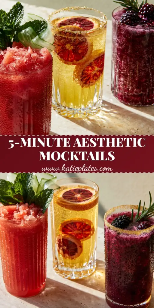 Fruity Mocktail Ideas for Elegant and Refreshing Alcohol-Free Entertaining 3 A trio of vibrant fruit mocktails with crushed ice, mint, and blood orange wheels in ribbed crystal glassware. (Fruity Mocktail Ideas)