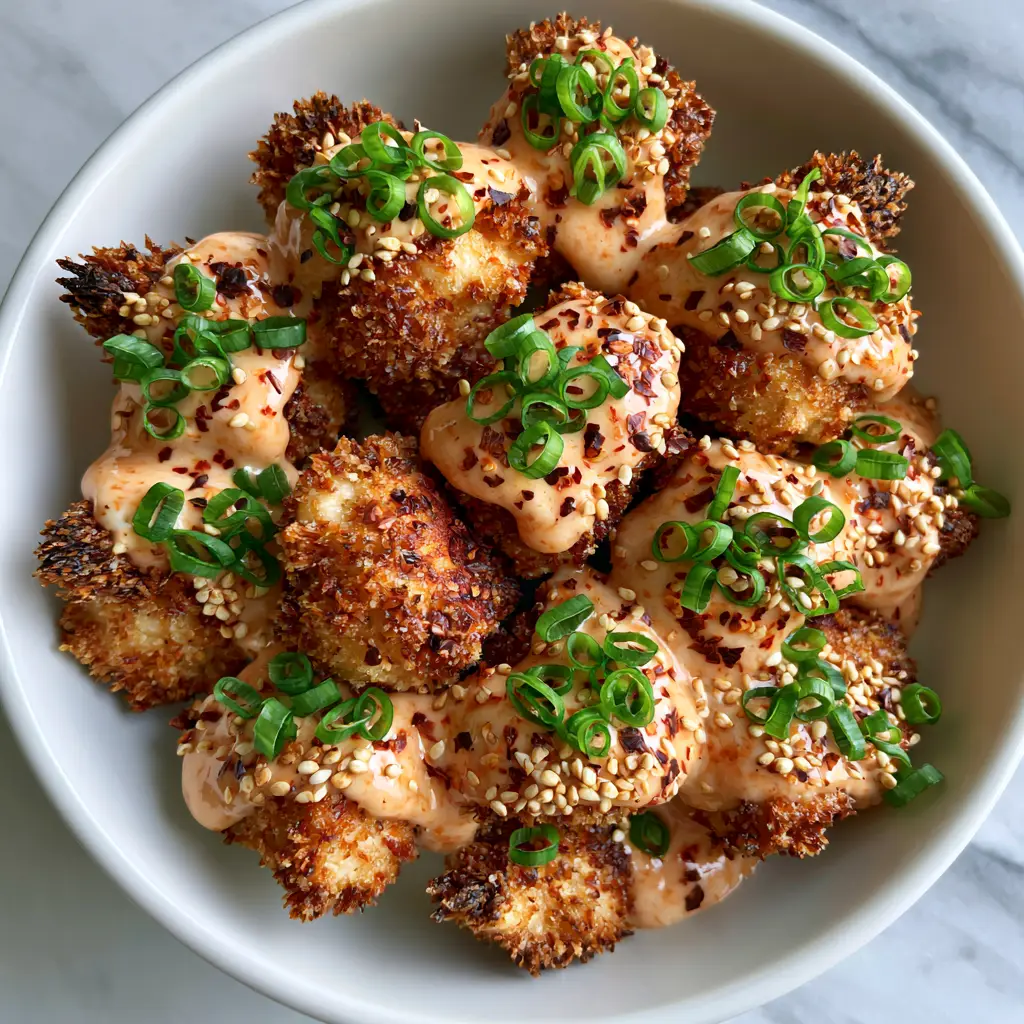 Bang Bang Chicken: The Ultimate Crispy Air-Fried Bites with Creamy Chili Drizzle 2 Bite-sized Bang Bang Chicken pieces showing craggy panko breading and thick, pale orange sauce on a marble surface.