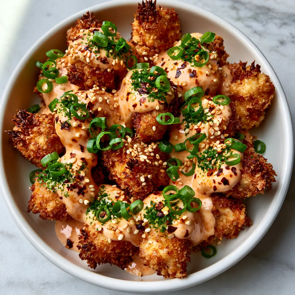 Bang Bang Chicken: The Ultimate Crispy Air-Fried Bites with Creamy Chili Drizzle 1 Professional food photography of Bang Bang Chicken in a ceramic bowl with diffused natural window light.