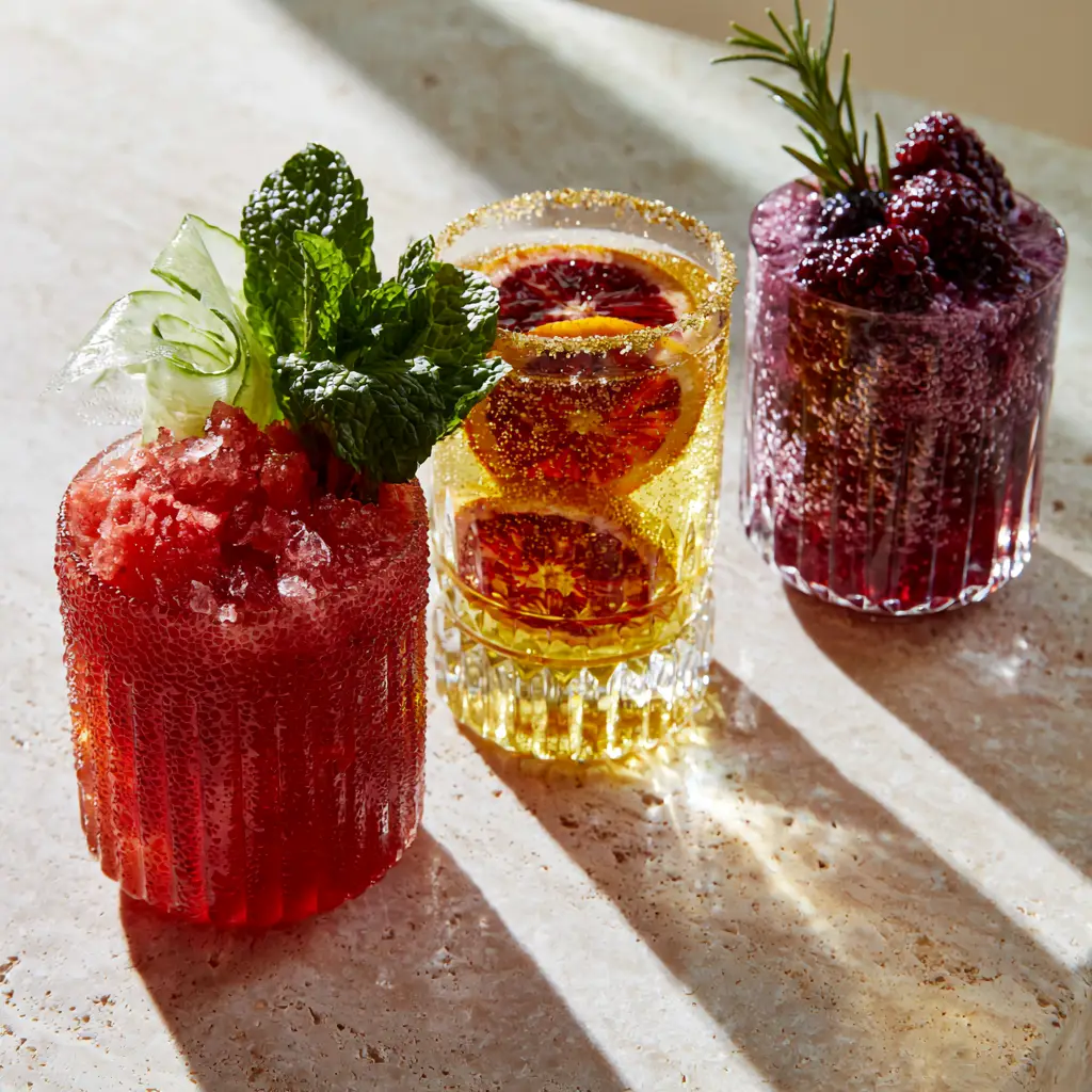 Fruity Mocktail Ideas for Elegant and Refreshing Alcohol-Free Entertaining 2 Ruby red watermelon and deep purple blackberry mocktails with bubbling carbonation and rosemary garnishes. (Fruity Mocktail Ideas)