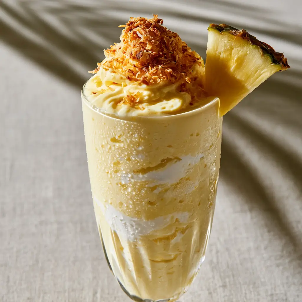 Close up of a creamy pina colada smoothie in a fluted glass with condensation and visible white coconut cream marbling.