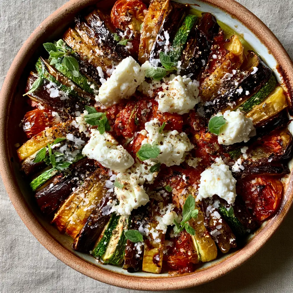 Vegetarian Greek Side Dishes: The Ultimate Roasted Briam with Feta 2 Top-down macro shot of Greek Briam with charred eggplant, golden potatoes, and emerald green oregano. (Vegetarian Greek side dishes)