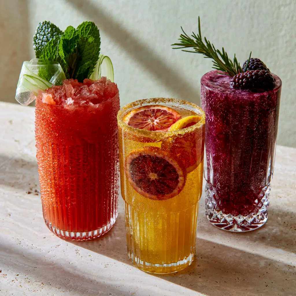 Fruity Mocktail Ideas for Elegant and Refreshing Alcohol-Free Entertaining 1 Golden citrus spritz mocktail with floating blood orange wheel and translucent cucumber ribbons.