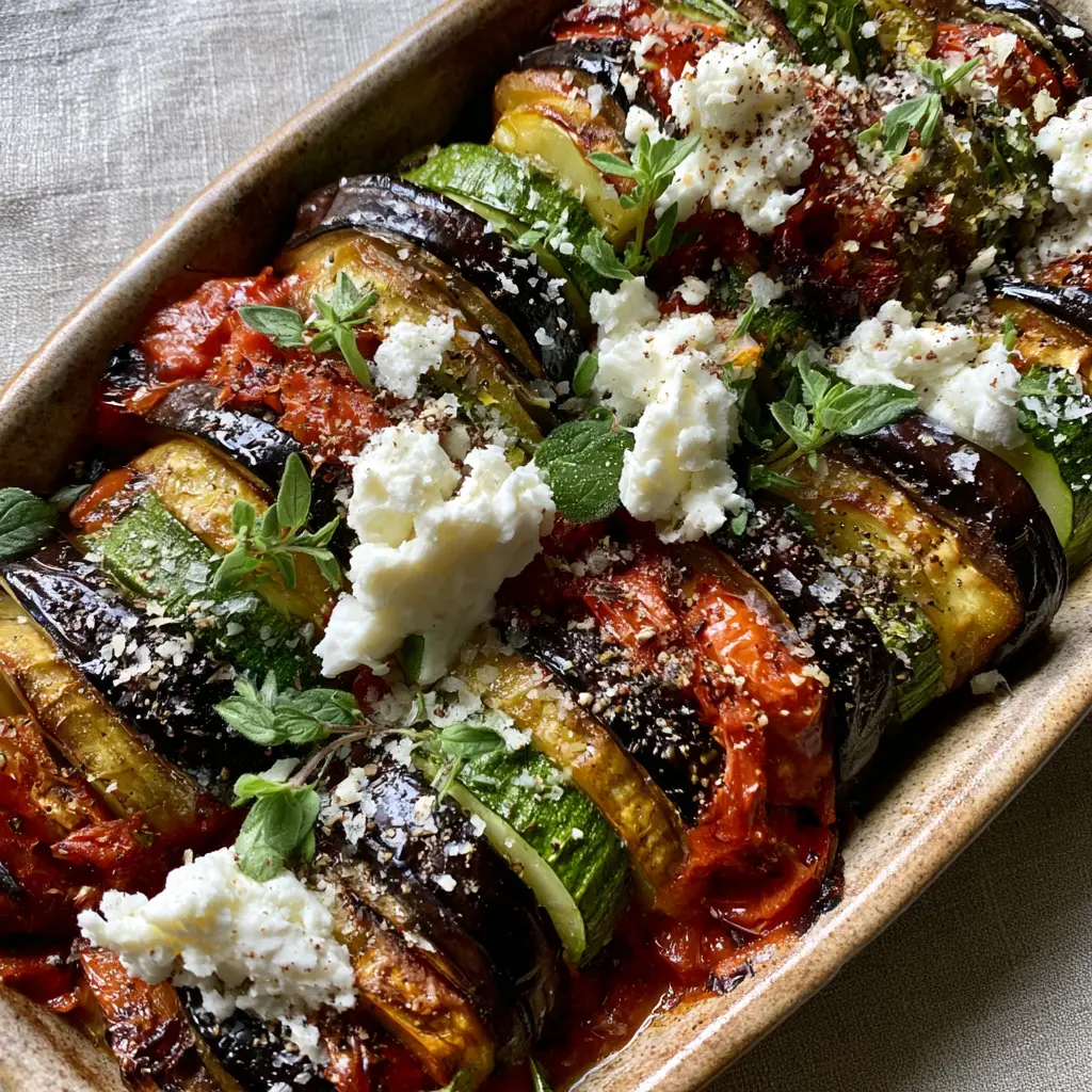 Vegetarian Greek Side Dishes: The Ultimate Roasted Briam with Feta 1 Close up of blistered cherry tomatoes and chunky feta cheese crumbles in a Greek vegetable bake. (Vegetarian Greek side dishes)