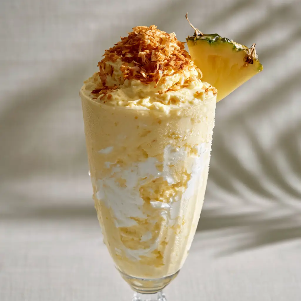 Pina Colada Smoothie: The Creamiest Tropical Blend (Aesthetic & Thick) 1 Pina colada smoothie served on a linen surface with tropical shadows, featuring a generous mountain of golden toasted coconut flakes.