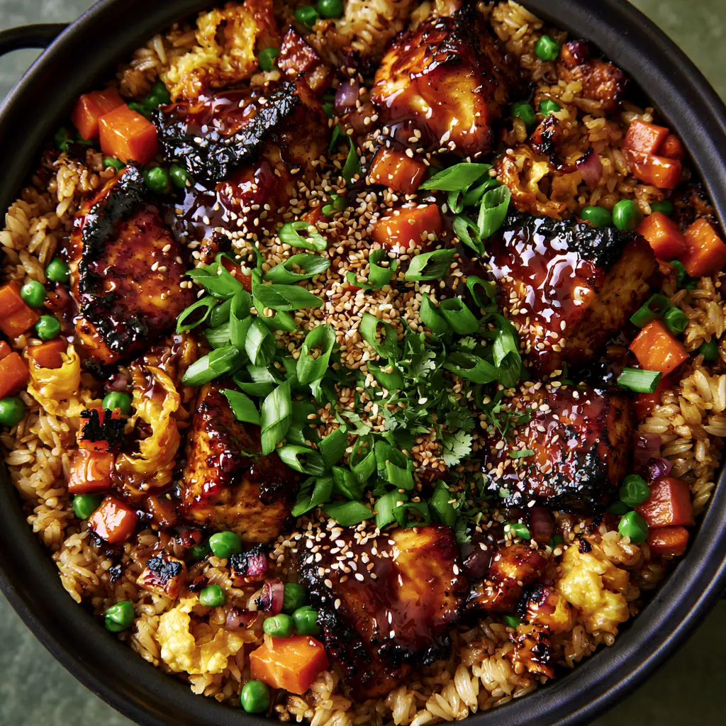 A shallow matte black wok filled with teriyaki chicken fried rice garnished with sesame seeds and cilantro.
