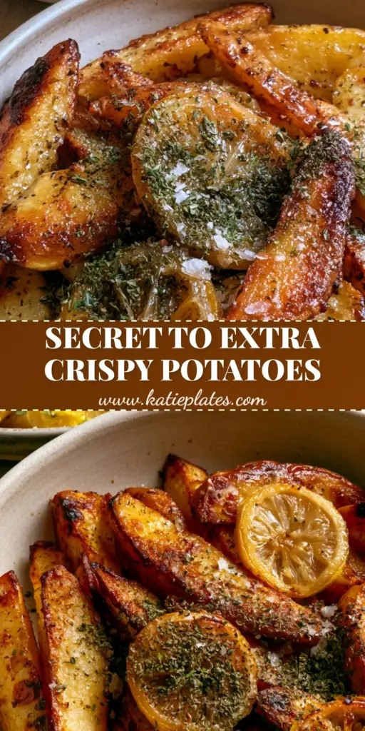 Greek Potatoes: The Ultimate Crispy Lemon Garlic Roasted Wedges 5 A rustic plate of blistered golden-brown Greek potatoes garnished with caramelized lemon slices, dried oregano, and coarse sea salt flakes.