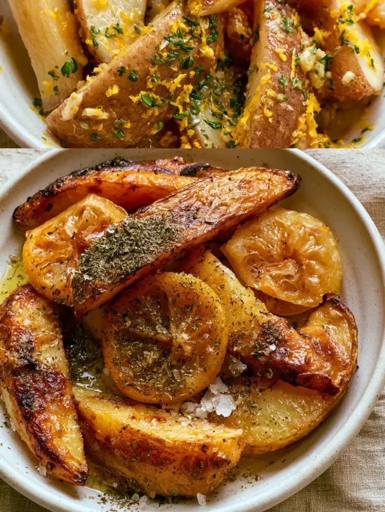 Greek Potatoes: The Ultimate Crispy Lemon Garlic Roasted Wedges 2 Split screen showing raw potato wedges with lemon zest and oregano (top) vs. finished blistered Greek potatoes (bottom).