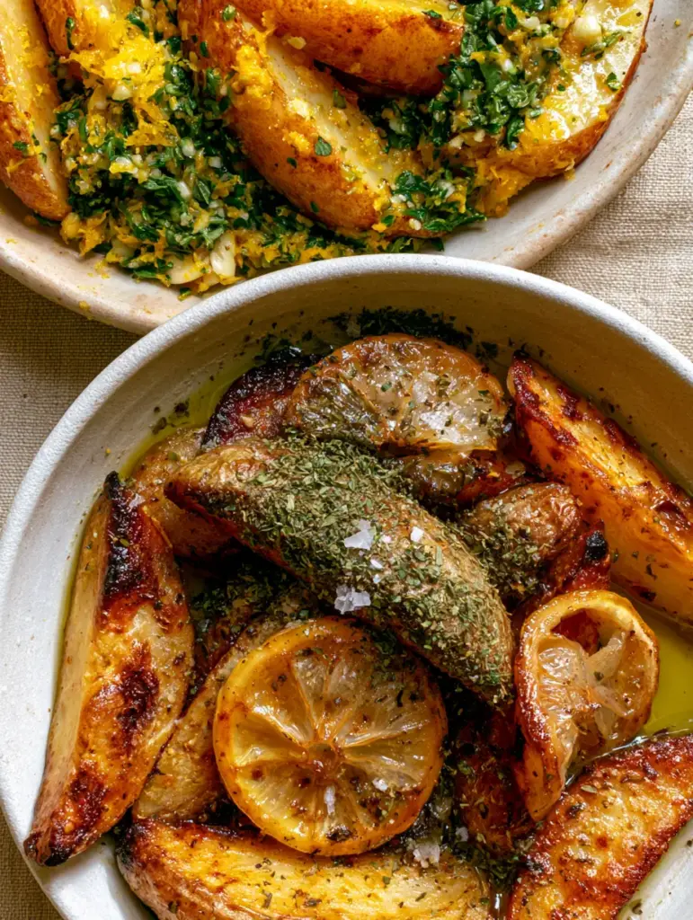 Greek Potatoes: The Ultimate Crispy Lemon Garlic Roasted Wedges 1 Extreme close-up of thick-cut Greek lemon potato wedges with deep golden-brown, blistered, shatteringly crisp edges.