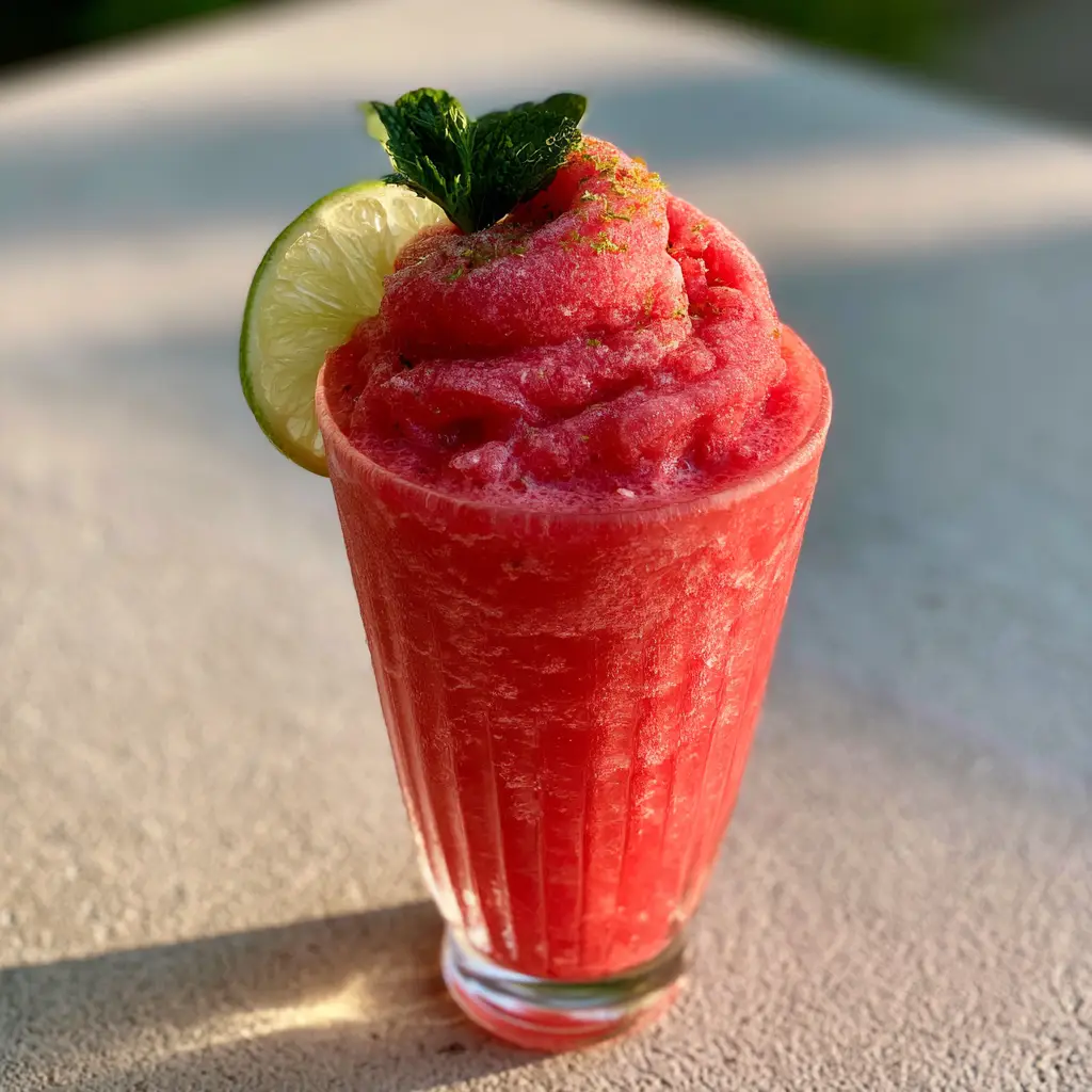 Watermelon Slushie: The Ultimate Velvety Summer Refreshment 1 Watermelon Slushie on a stone patio table during golden hour with realistic condensation on the glass.