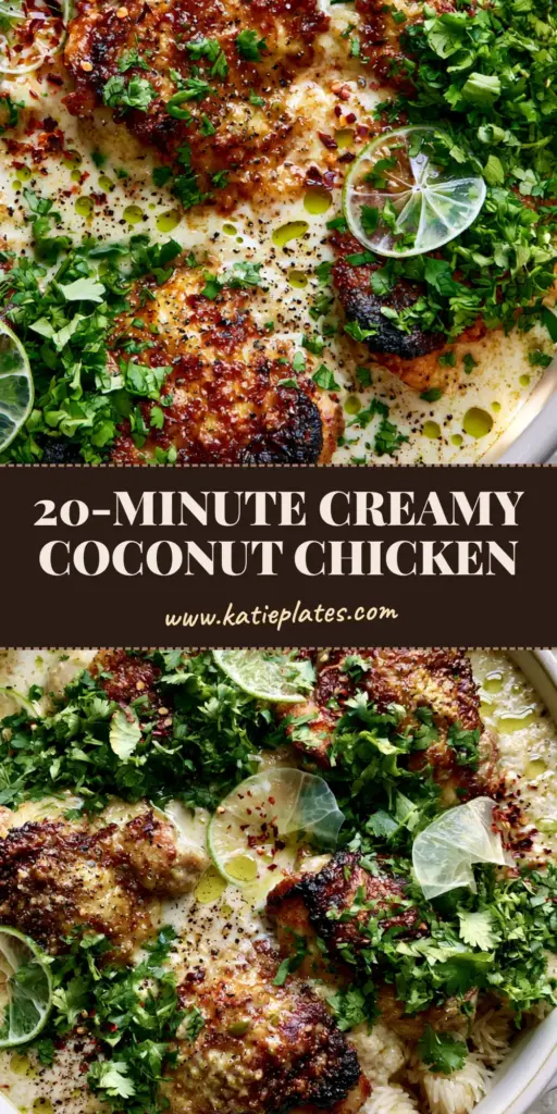 A close-up view of Coconut Milk Chicken with golden-brown skin, thick ivory sauce, and lime slices in a white skillet.