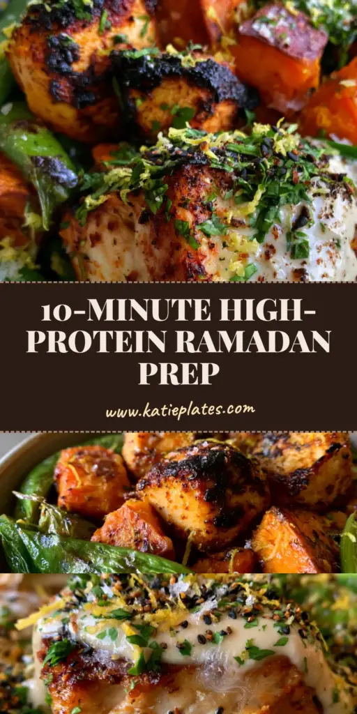 A top-down macro shot of a ceramic bowl featuring charred harissa chicken cubes, roasted sweet potatoes, and blistered snap peas for Ramadan recipes.