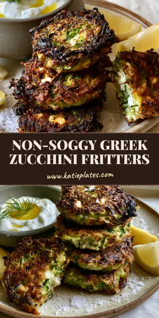 A rustic stack of four crispy Greek Zucchini Fritters with lacy edges, served with lemon wedges and a bowl of tzatziki on a linen surface.