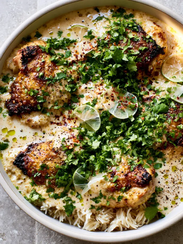 Top-down view of Coconut Milk Chicken nestled in sauce with cilantro and lime garnishes.