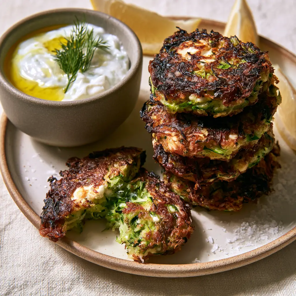 A broken Greek Zucchini Fritter revealing a steaming, airy interior with melted feta speckles.