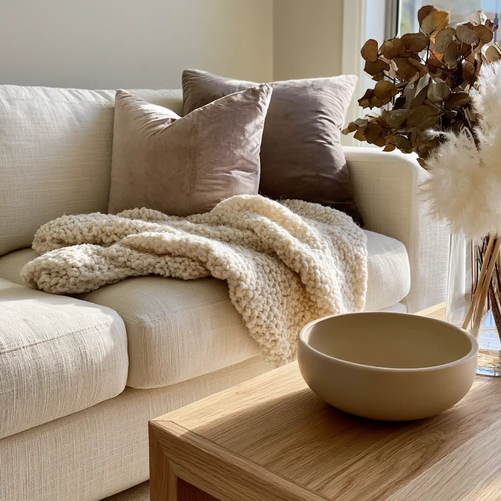 Close-up of fuzzy ivory chunky wool knit throw textures against a cream linen background. (Autumn home decor)