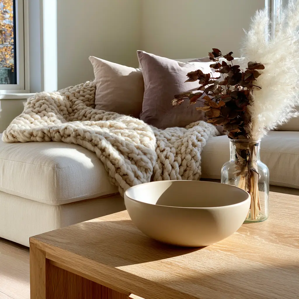 A light oak coffee table styled with a matte beige ceramic bowl and white pampas grass in a glass vase.