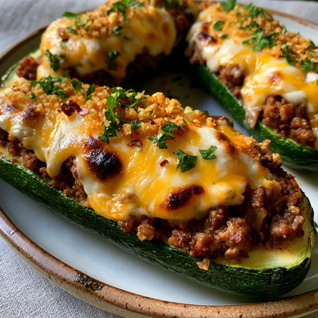 Stuffed Zucchini Recipe with Cheesy Ground Beef and Charred Edges 2 A handheld smartphone photo showing the charred edges and bubbly cheese of the stuffed zucchini recipe.