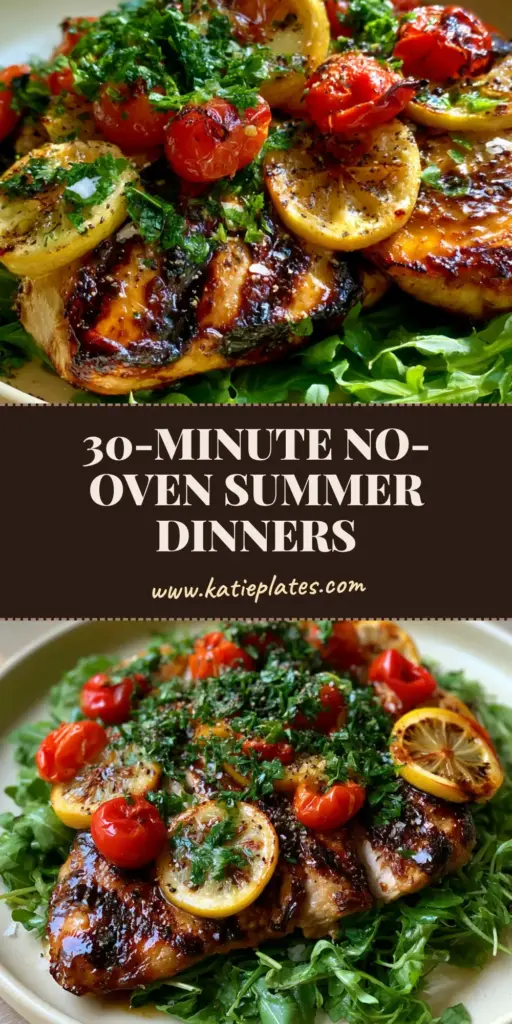 A handheld smartphone photo of a vibrant summer chicken dish with dark grill marks, charred lemons, and blistered tomatoes on arugula. (summer chicken recipes)