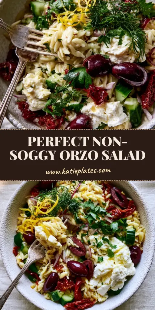 A vibrant Greek Orzo Pasta Salad with feta chunks, olives, and fresh herbs in a white bowl. (Greek Orzo Pasta Salad)