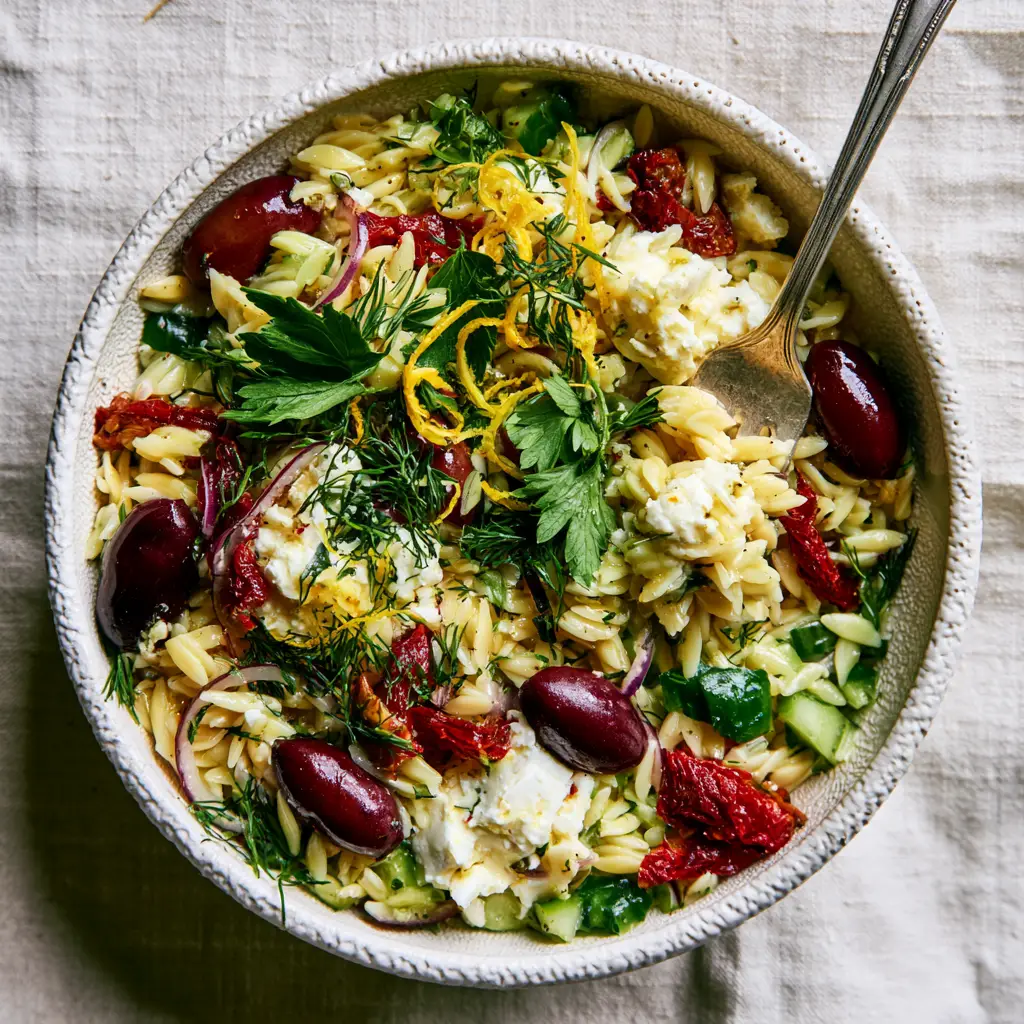 Overhead macro shot of glistening Greek Orzo Pasta Salad with lemon-herb vinaigrette. (Greek Orzo Pasta Salad)
