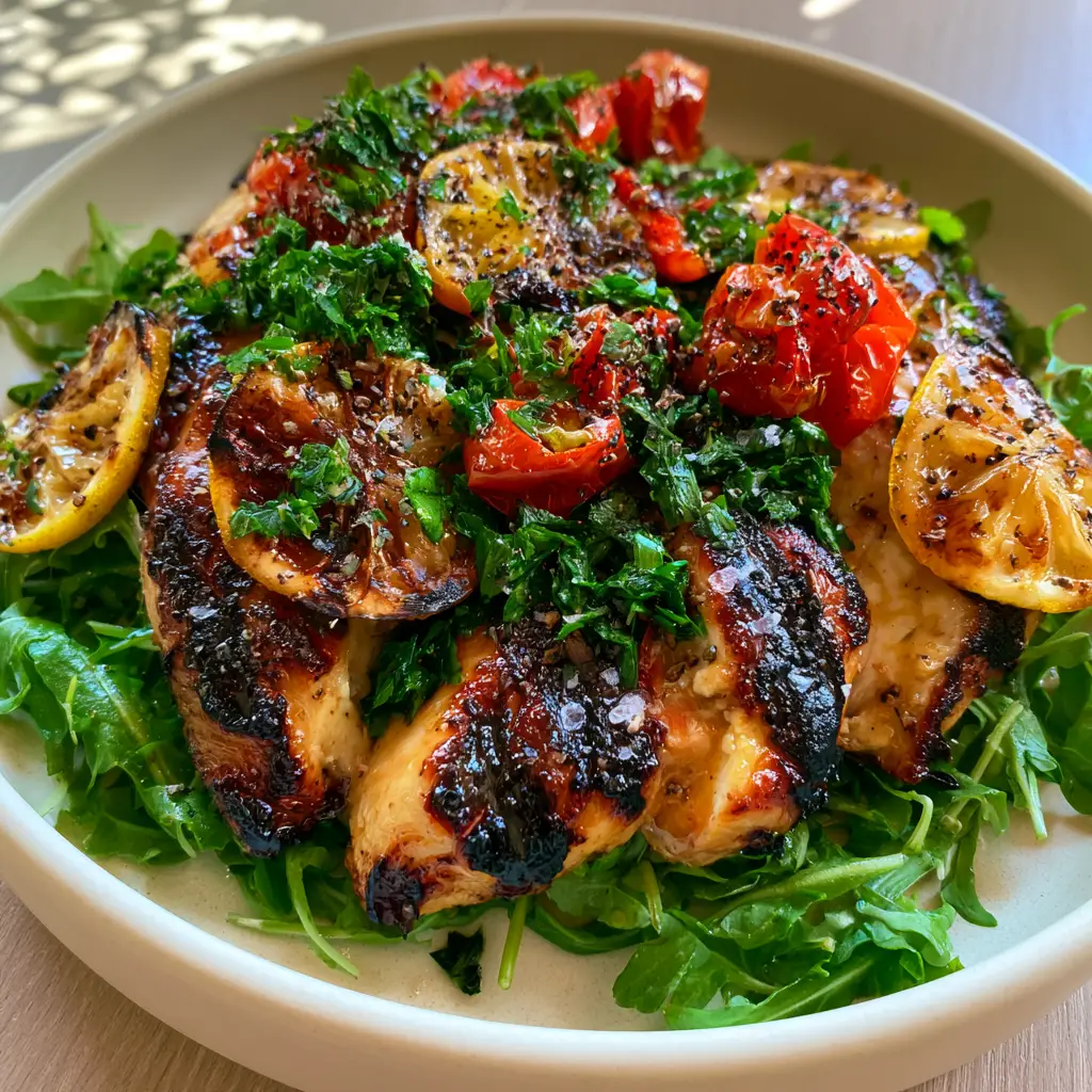 Top-down view of summer chicken with blistered tomatoes and charred lemon slices on a matte cream ceramic plate.