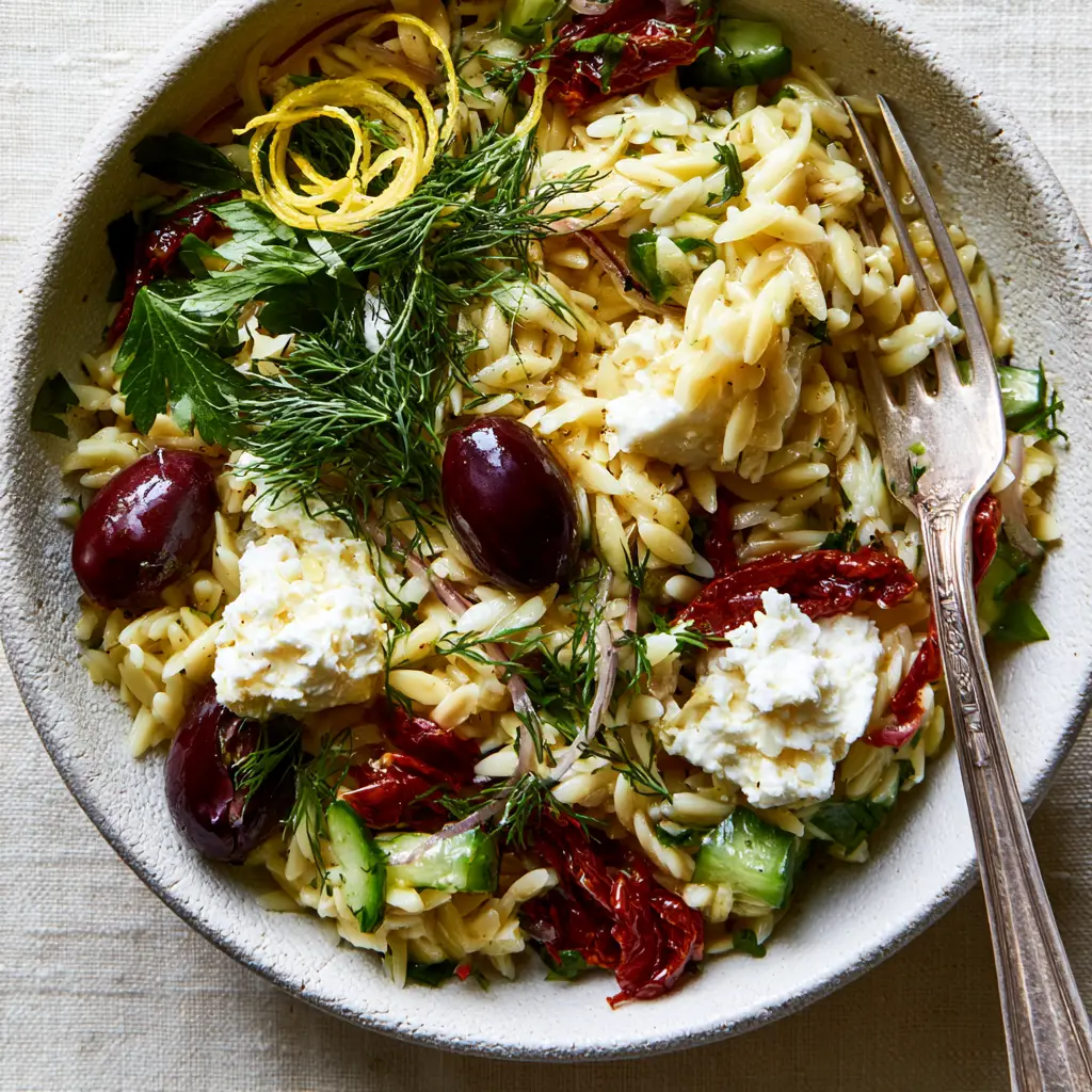 Close-up of Greek Orzo Pasta Salad featuring sun-dried tomatoes, cucumbers, and feta.