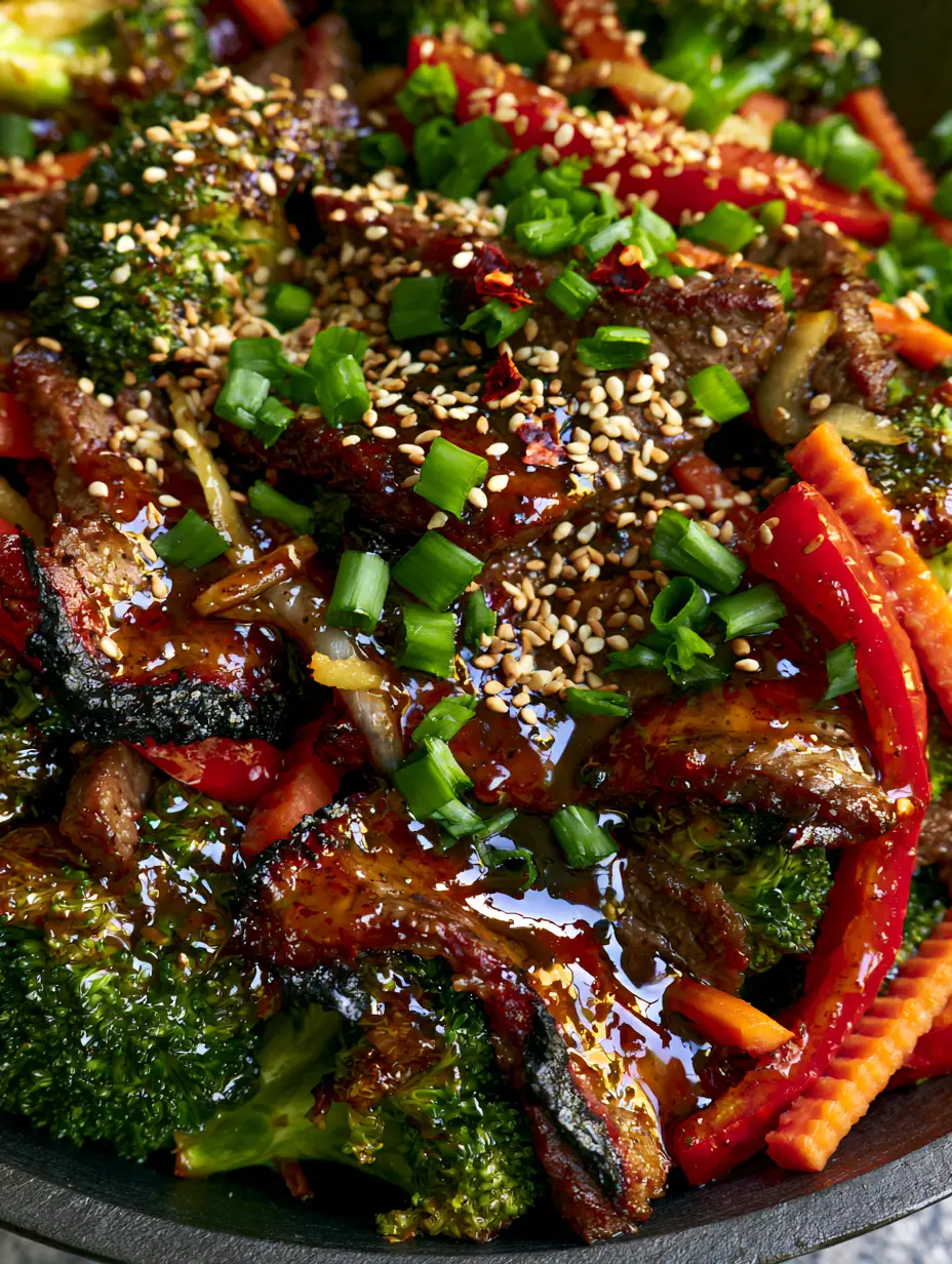 Macro close-up of seared flank steak and tender broccoli in a dark carbon steel wok, representing easy Chinese recipes.