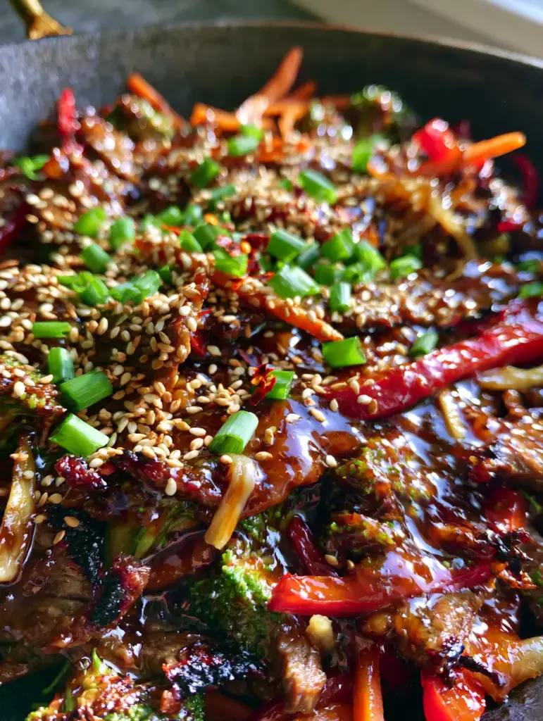 Detailed shot of julienned carrots, ginger, and garlic in a thick soy glaze for easy Chinese recipes.