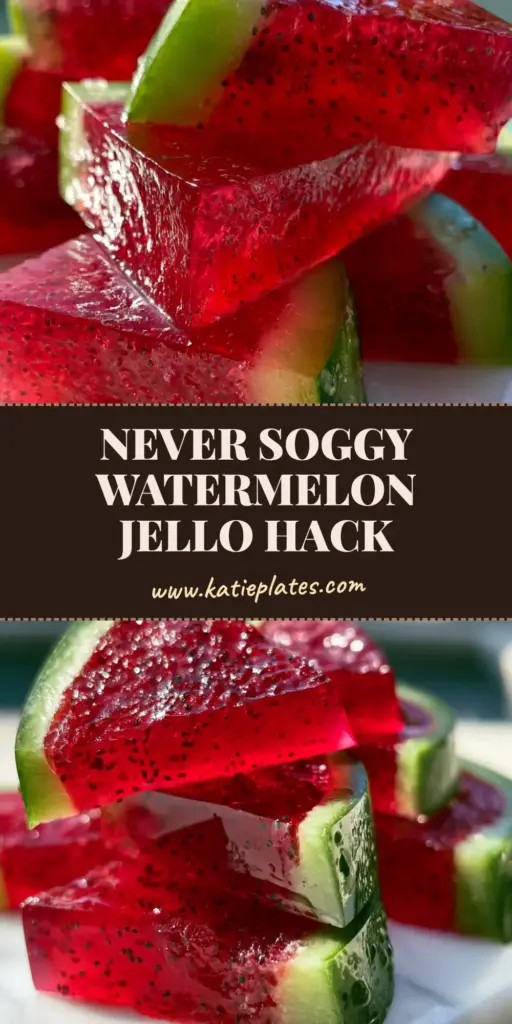 Watermelon Fruit Jello: The Ultimate Aesthetic Summer Snack Hack 4 A stack of triangular watermelon fruit jello wedges on a marble platter, showing suspended poppy seeds and vibrant ruby red gelatin.