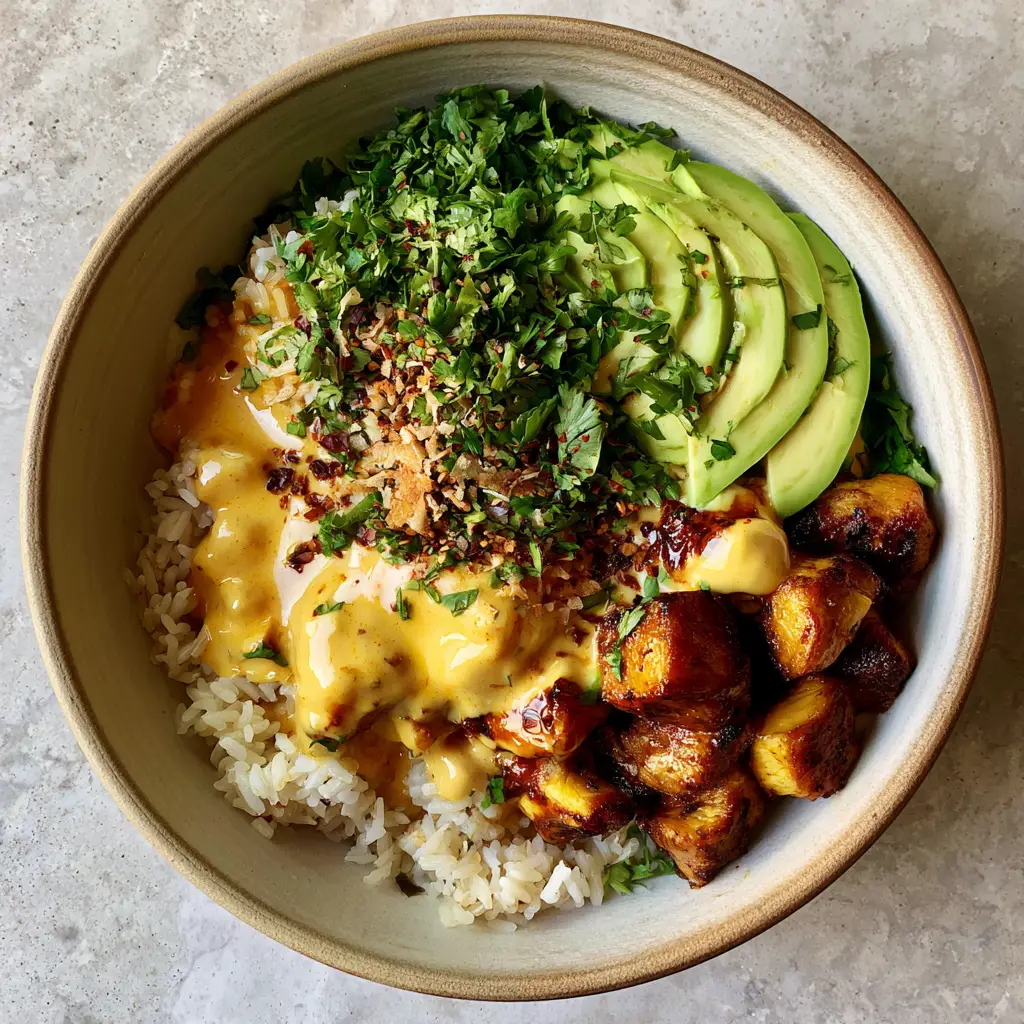 Coconut Chicken Rice Bowl: The Ultimate 30-Minute Tropical Dinner 2 Top-down view of a Coconut Chicken Rice Bowl featuring glistening orange sauce and individual jasmine rice grains.