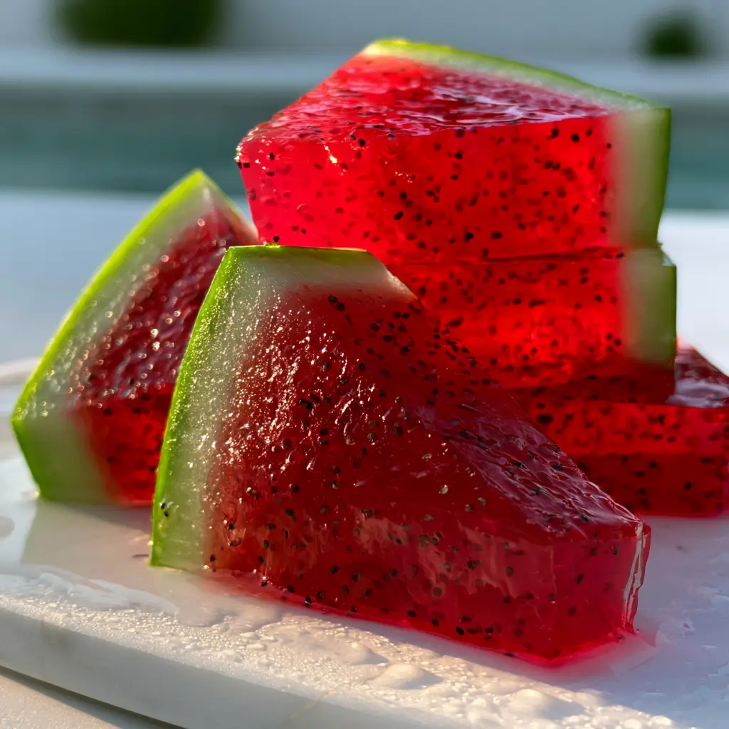 Smartphone photo of watermelon fruit jello slices stacked on a white marble platter in golden hour sunlight.