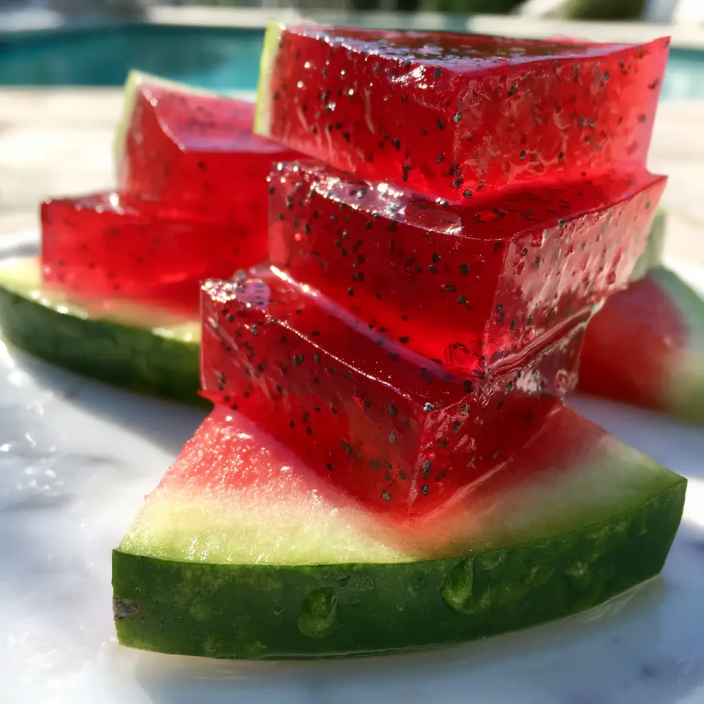 Watermelon Fruit Jello: The Ultimate Aesthetic Summer Snack Hack 1 Close up of a watermelon fruit jello wedge showing the sharp, clean-cut edges and real green rind.