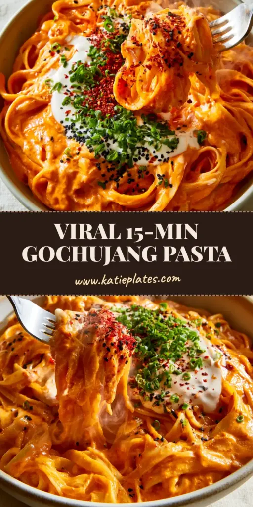 A close-up of Gochujang pasta in a ceramic bowl with a fork lifting glossy orange fettuccine noodles, topped with cream, scallions, and black sesame seeds.