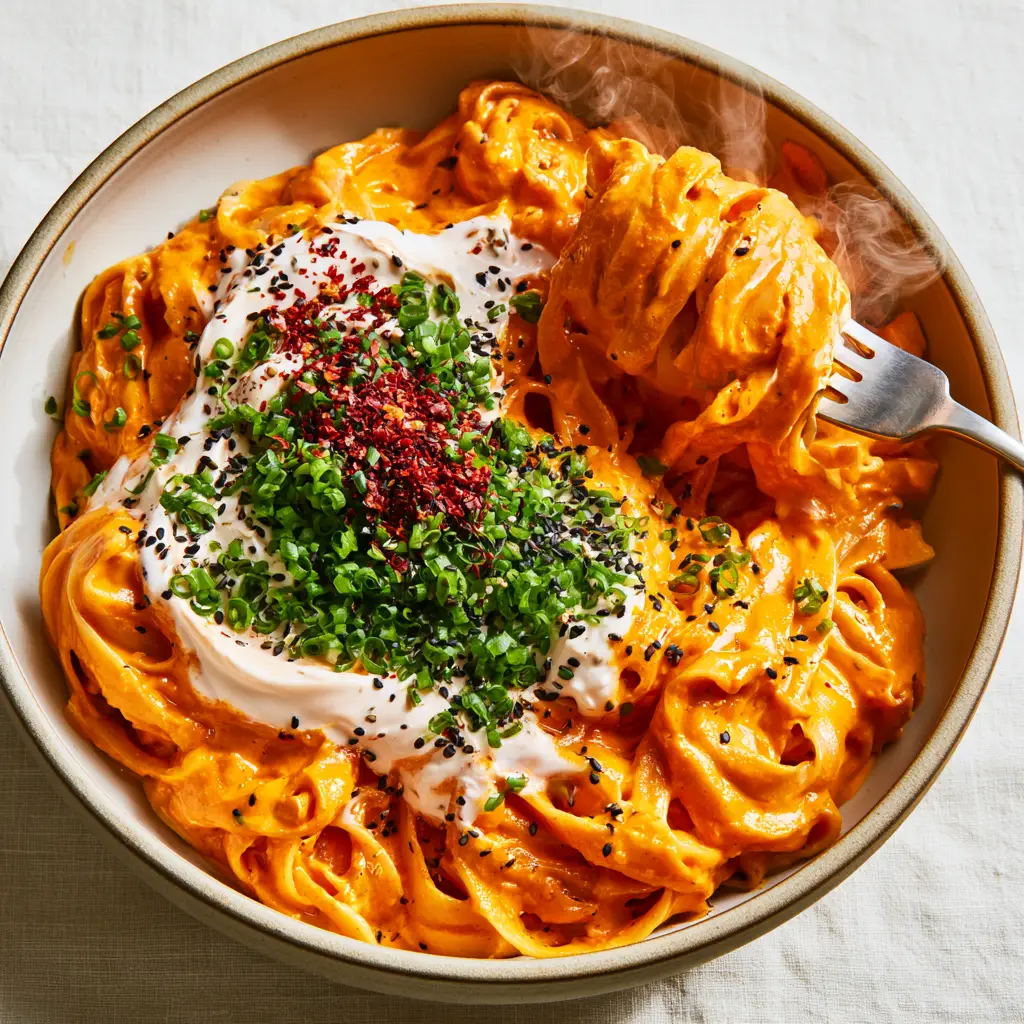 A silver fork lifting a swirl of Gochujang pasta from a ceramic bowl, displaying the creamy sauce pull.