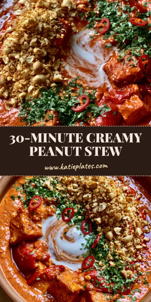Top-down view of Senegalese Peanut Stew in a rustic bowl with crushed peanuts and cilantro. (Senegalese Peanut Stew)