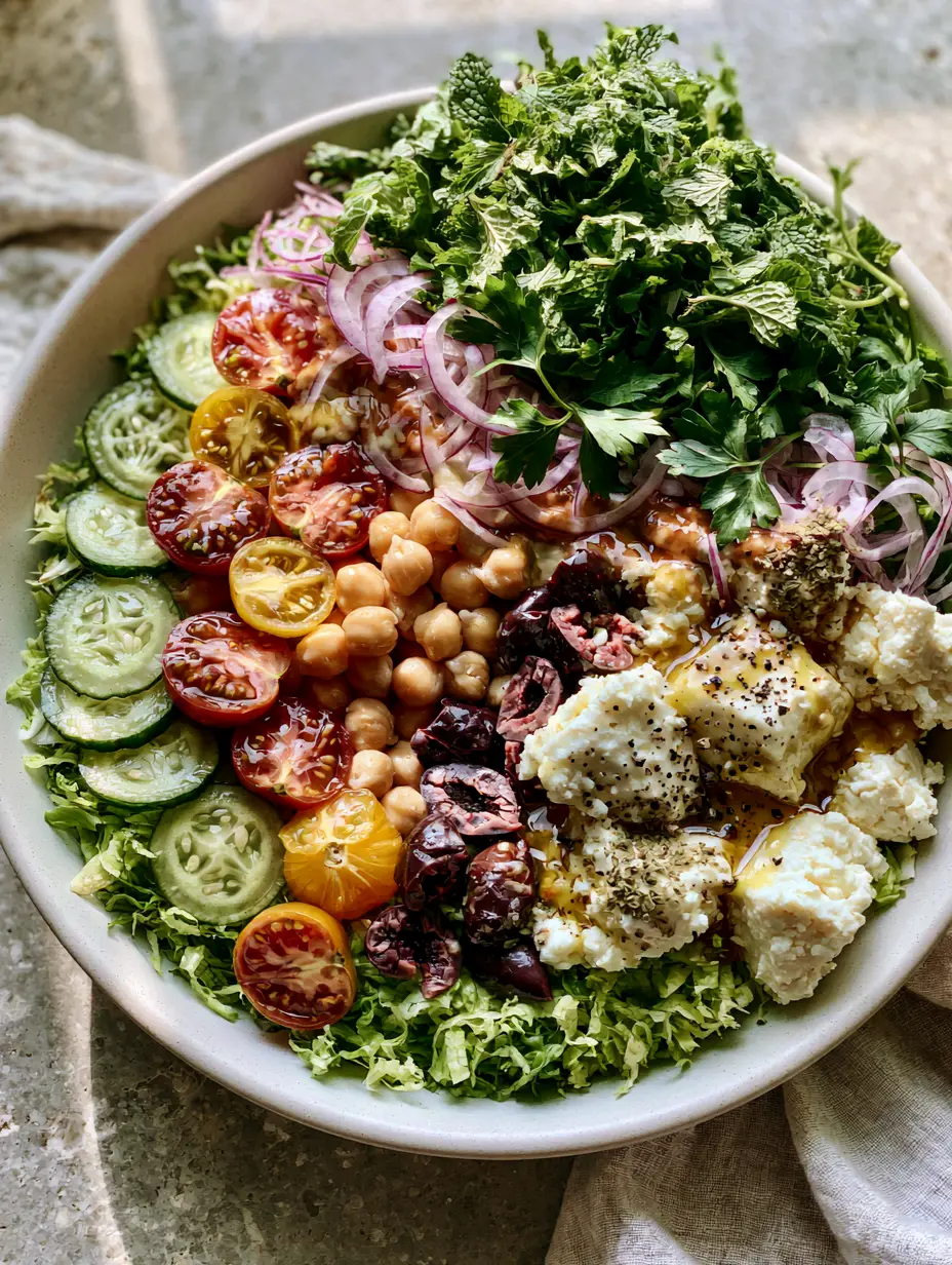 Summer dinner recipes: The Vibrant Mediterranean Mezze Bowl 3 Close up of emerald green shredded romaine and ruby red heirloom tomatoes in a white bowl, perfect for summer dinner recipes.