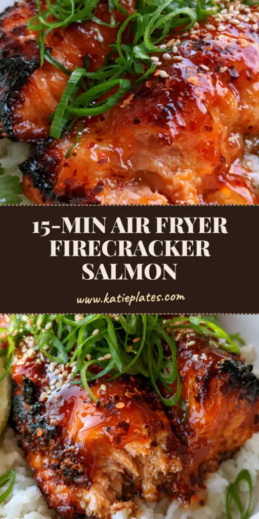 Firecracker Salmon: The Ultimate 15-Minute Air Fryer Glazed Salmon Bowl 3 A macro eye-level photo of two charred Firecracker Salmon fillets with glossy red-orange glaze over jasmine rice, garnished with scallions and sesame seeds. (firecracker salmon)