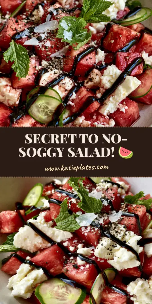 Top-down view of a premium watermelon feta salad with balsamic drizzle and mint in a white bowl. (watermelon feta salad)