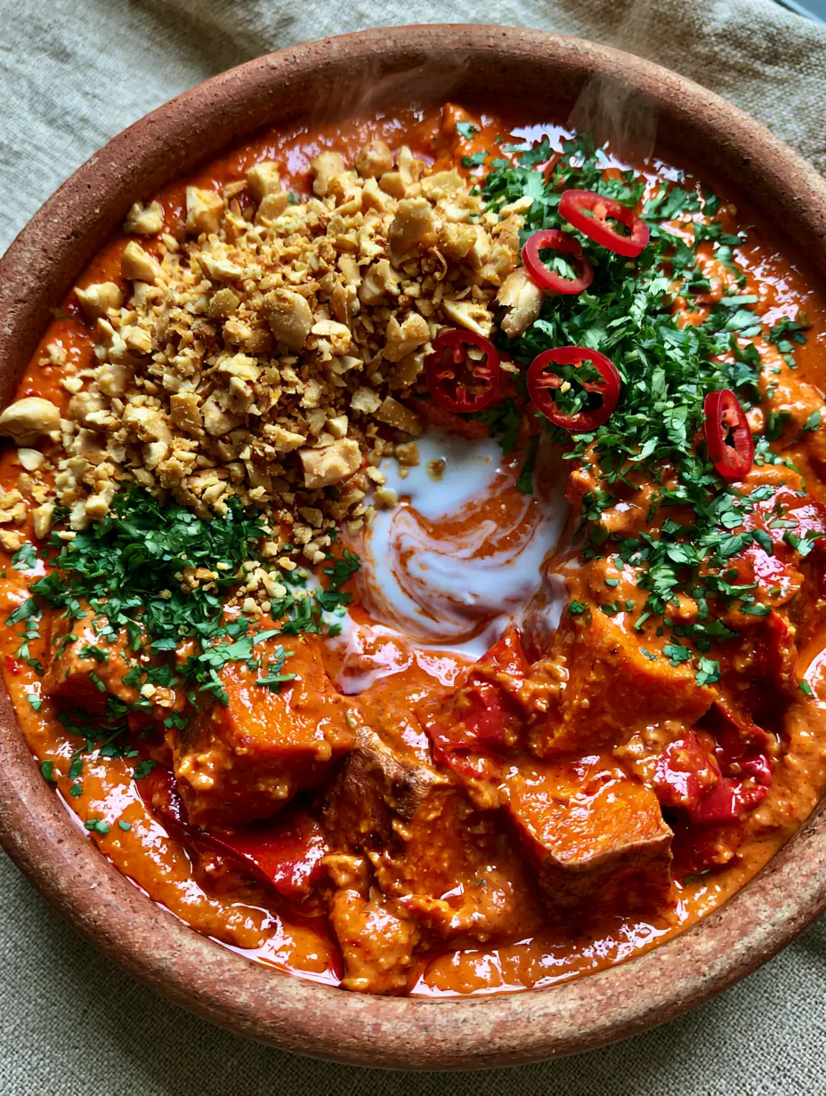 Close up of velvety orange-red sauce and roasted sweet potato cubes. (Senegalese Peanut Stew)