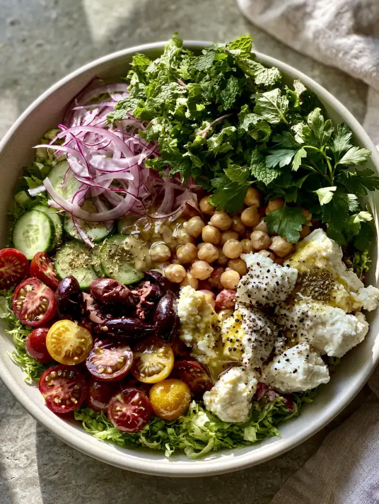 Summer dinner recipes: The Vibrant Mediterranean Mezze Bowl 1 Wide shot of a Mediterranean Mezze Bowl on a light-grey stone surface with a soft linen napkin.