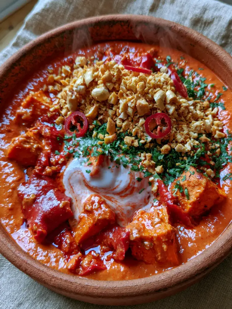 Handheld photo showing rising steam over a bowl of peanut stew with red chili garnishes.