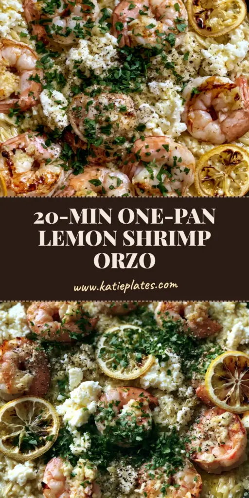 Lemon Feta Orzo Shrimp: The Ultimate One-Pan Mediterranean Skillet 4 A top-down shot of Lemon Feta Orzo Shrimp in a black skillet, featuring seared jumbo shrimp, creamy orzo, and charred lemon slices.