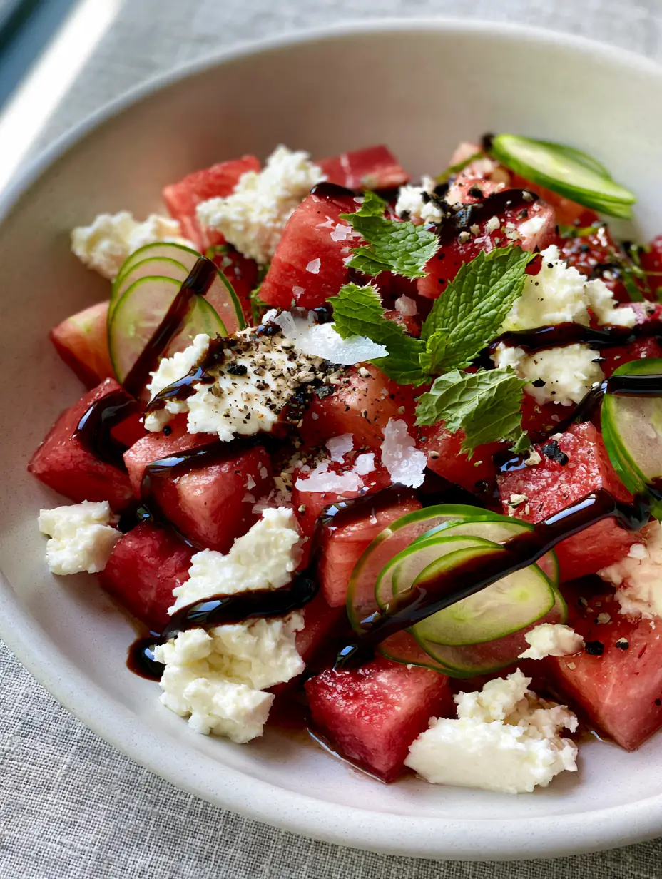 Close-up of chilled ruby red watermelon cubes and creamy feta crumbles. (watermelon feta salad)