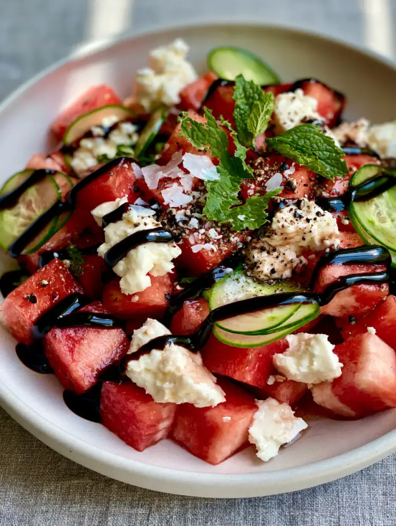 High-resolution shot showing the thick balsamic glaze zig-zag over the watermelon feta salad.