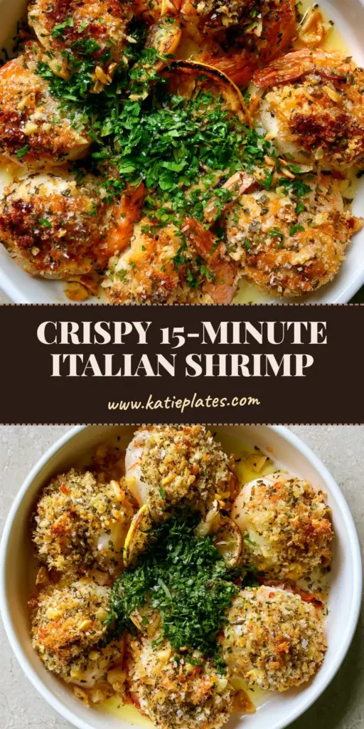 A top-down view of Shrimp Oreganata in a white dish, featuring jumbo shrimp with a golden panko crust, charred lemons, and fresh parsley. (Shrimp Oreganata)