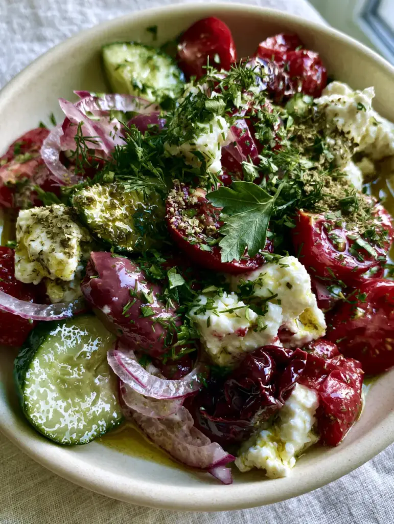 Mediterranean Feta Salad with Crisp Persian Cucumbers and Heirloom Tomatoes 1 High resolution shot of rustic feta crumbles and translucent red onion rings in a Mediterranean feta salad.