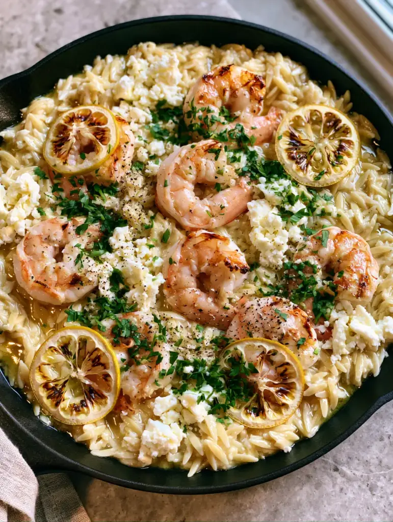 Lemon Feta Orzo Shrimp: The Ultimate One-Pan Mediterranean Skillet 1 Close-up of Lemon Feta Orzo Shrimp with softened feta cheese, fresh parsley, and charred lemon wheels.